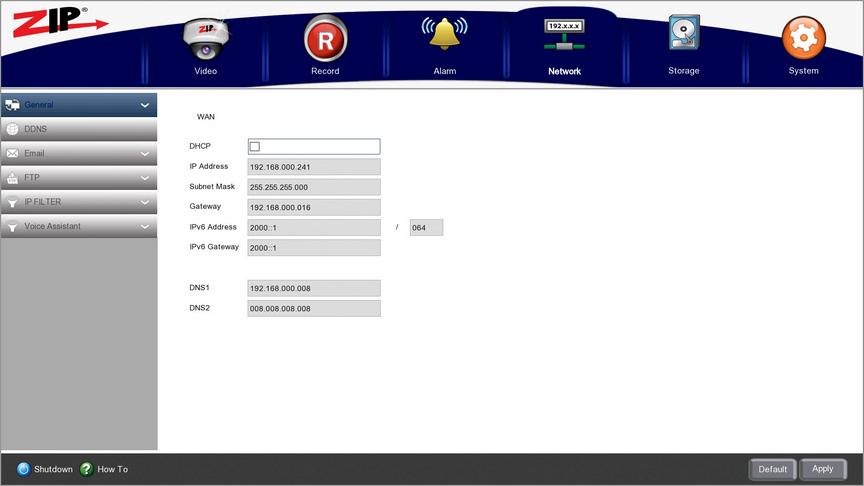 Network Menu On A Zip DVR Or NVR